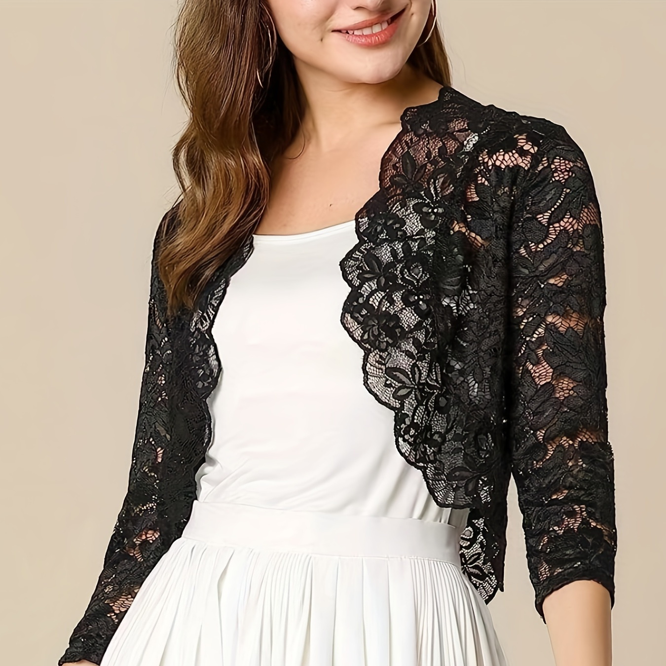 

Semi-sheer Floral Lace Crop Cardigan, Casual Three-quarter Sleeve Cover Up Cardigan, Women's Clothing
