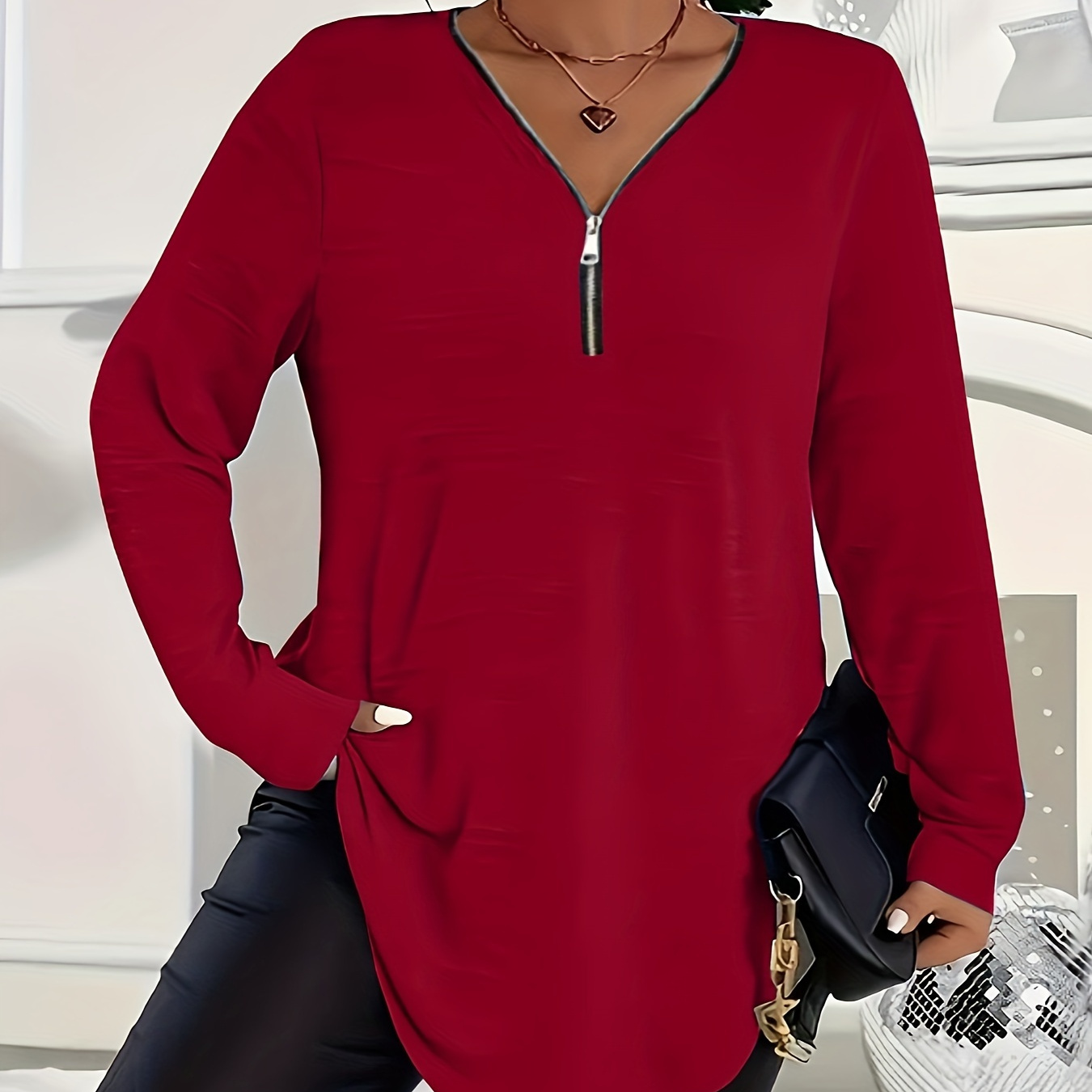 

1pc T-shirt élégant grande taille avec col en V et fermeture éclair sur le devant, tissu en de polyester, couleur unie, extensible, pour /hiver