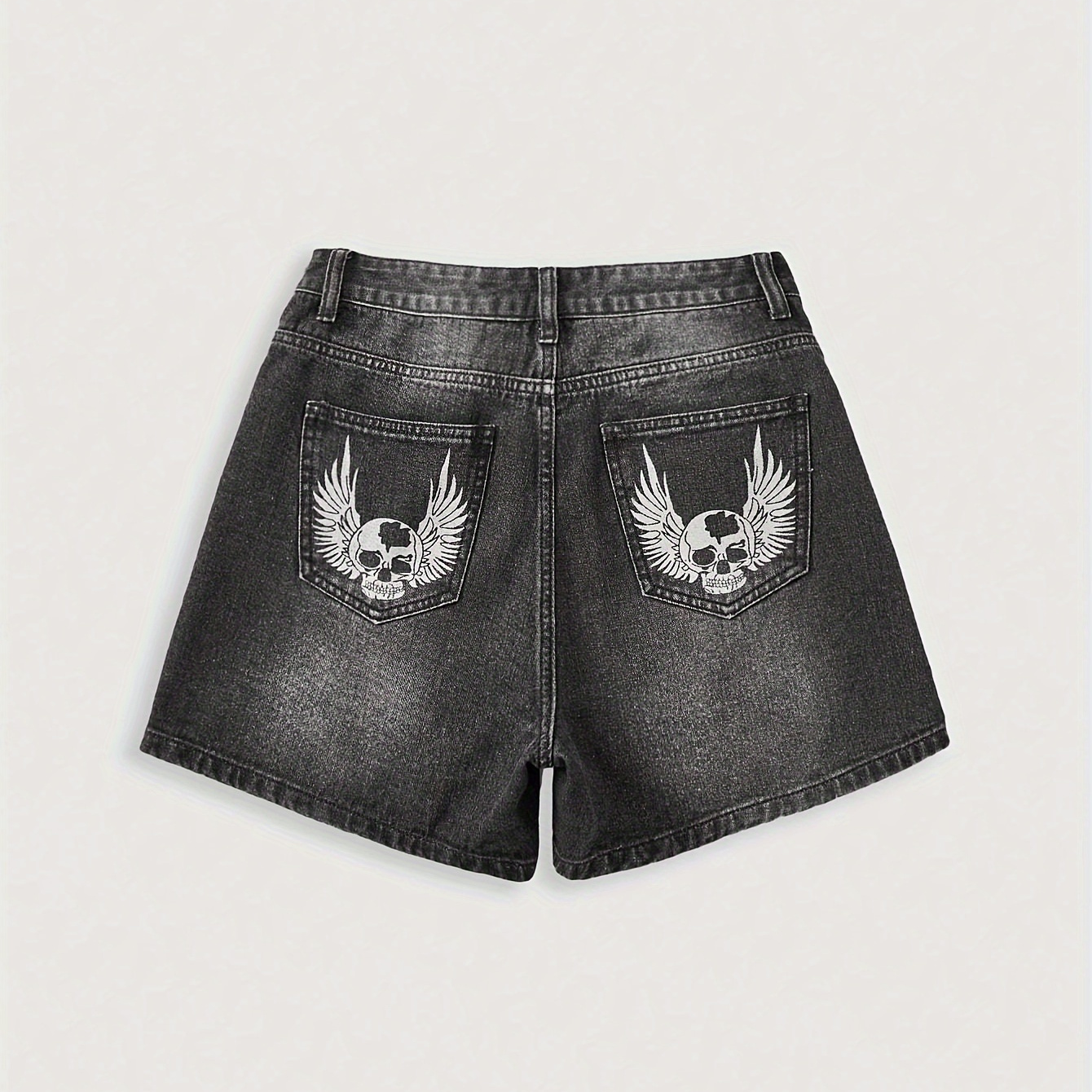 

Women's Elegant Denim Shorts - Skull And Wings Skull Embroidery, Classic Casual Summer Fashion, Zip Button Closure