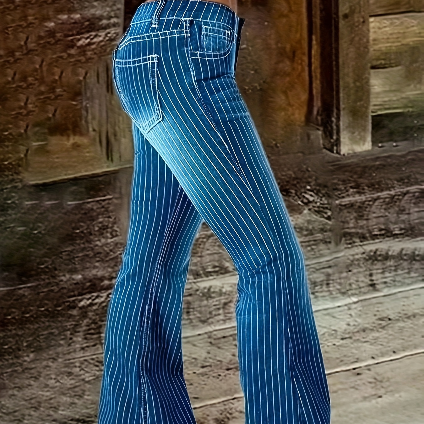 

Striped Print Raw Hem Flare Leg Jeans, High Stretch Slash Pocket Retro Y2k Style Denim Pants, Women's Denim Jeans & Clothing