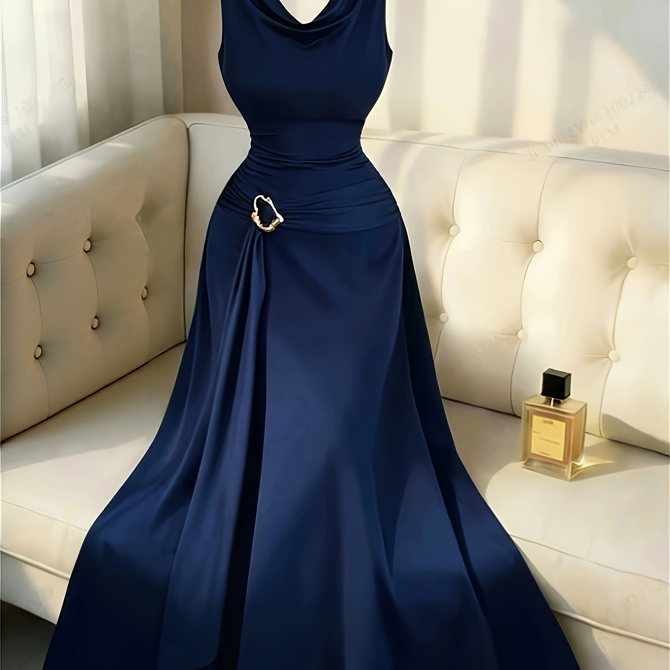Navy Blue Satin Cowl Neck Evening Gown
