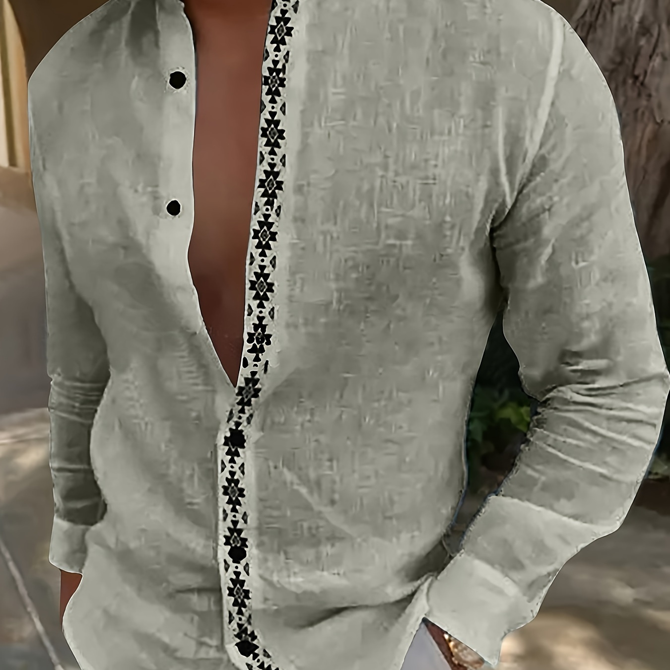 

Men's Stylish Loose Geometric Pattern Shirt, Casual Breathable Lapel Button Up Long Sleeve Shirt Top For City Walk Street Hanging Outdoor Activities
