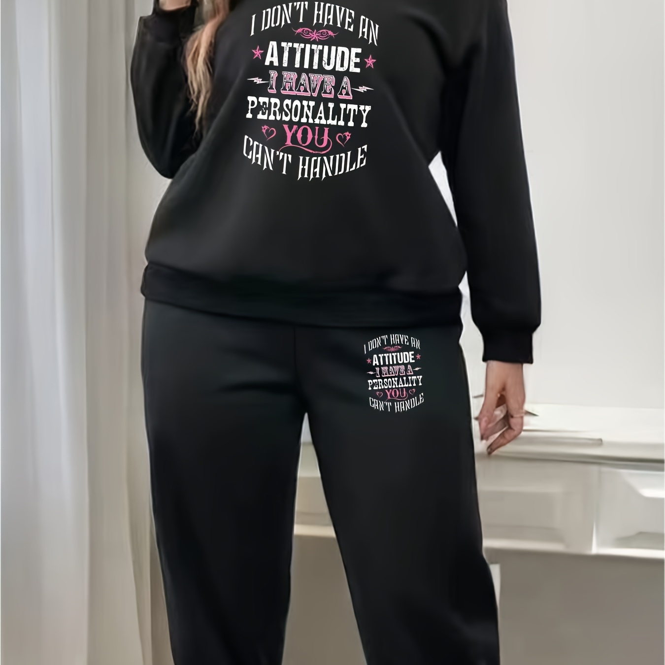 

Plus Size Casual Outfits Set, Women's Plus Slogan Print Liner Fleece Long Sleeve Round Neck Sweatshirt & Jogger Sweatpants Outfits 2 Piece Set