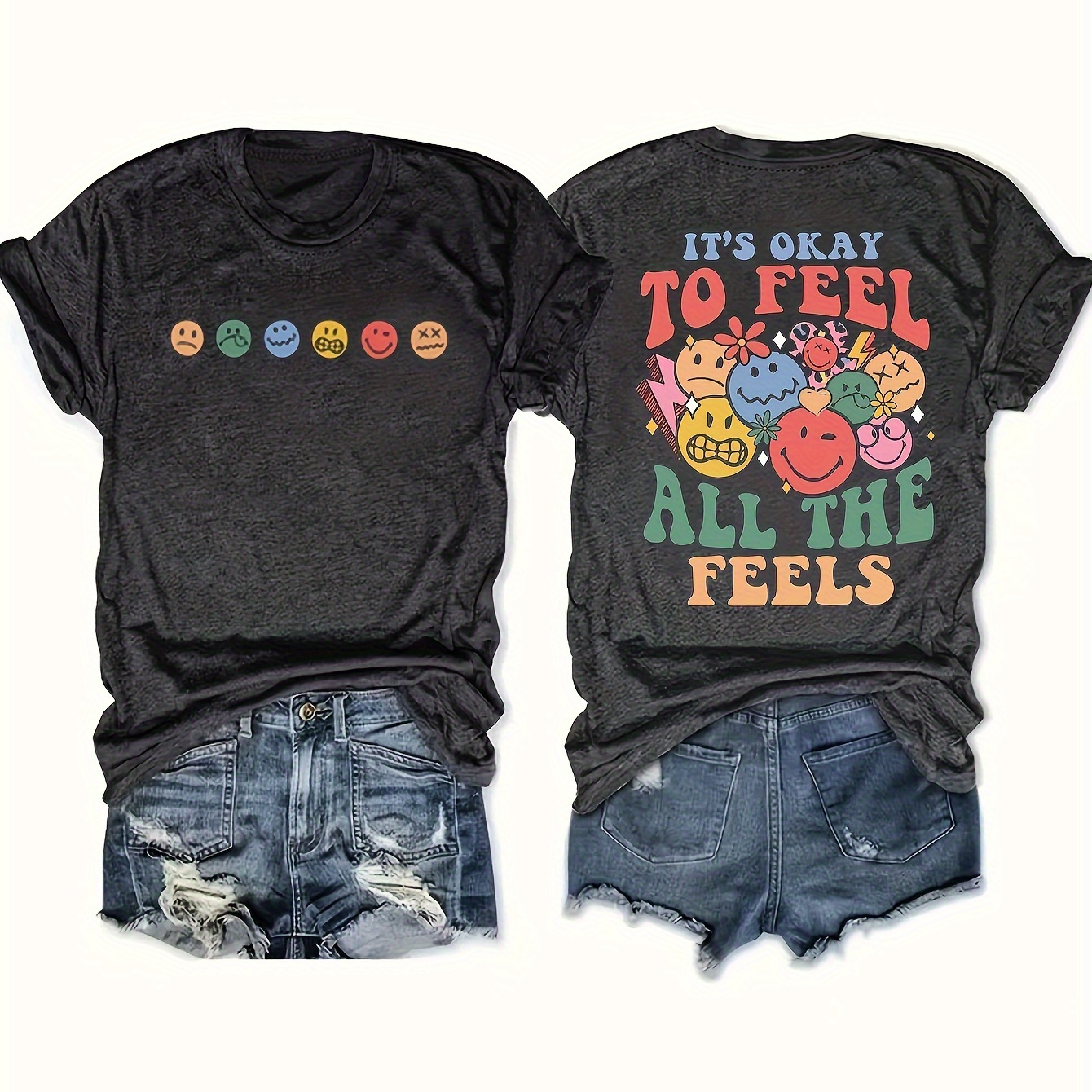 

Plus Size Smiling Face & Letter Print T-shirt, Casual Short Sleeve Top For Spring & Summer, Women's Plus Size Clothing