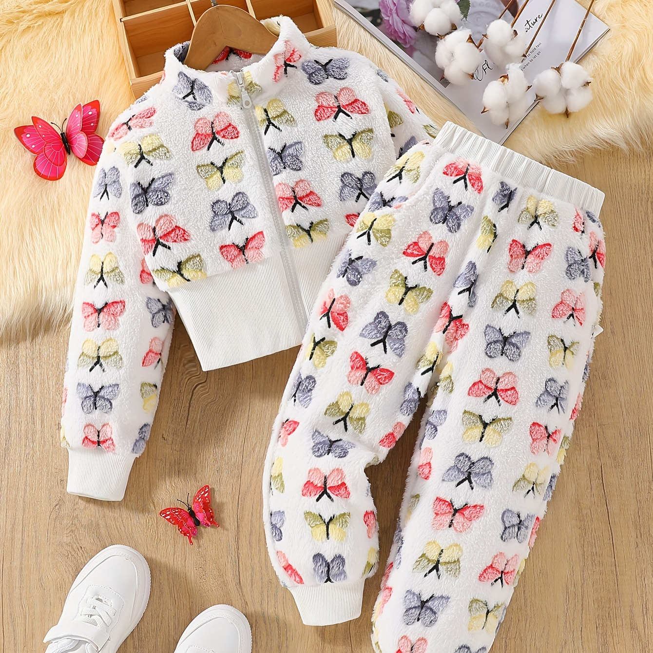 

Girls 2pc Butterfly Design Outfits, Zip Front Jacket + Elastic Waist Jogger Pants Set Kids Clothes Spring Fall Winter Gift