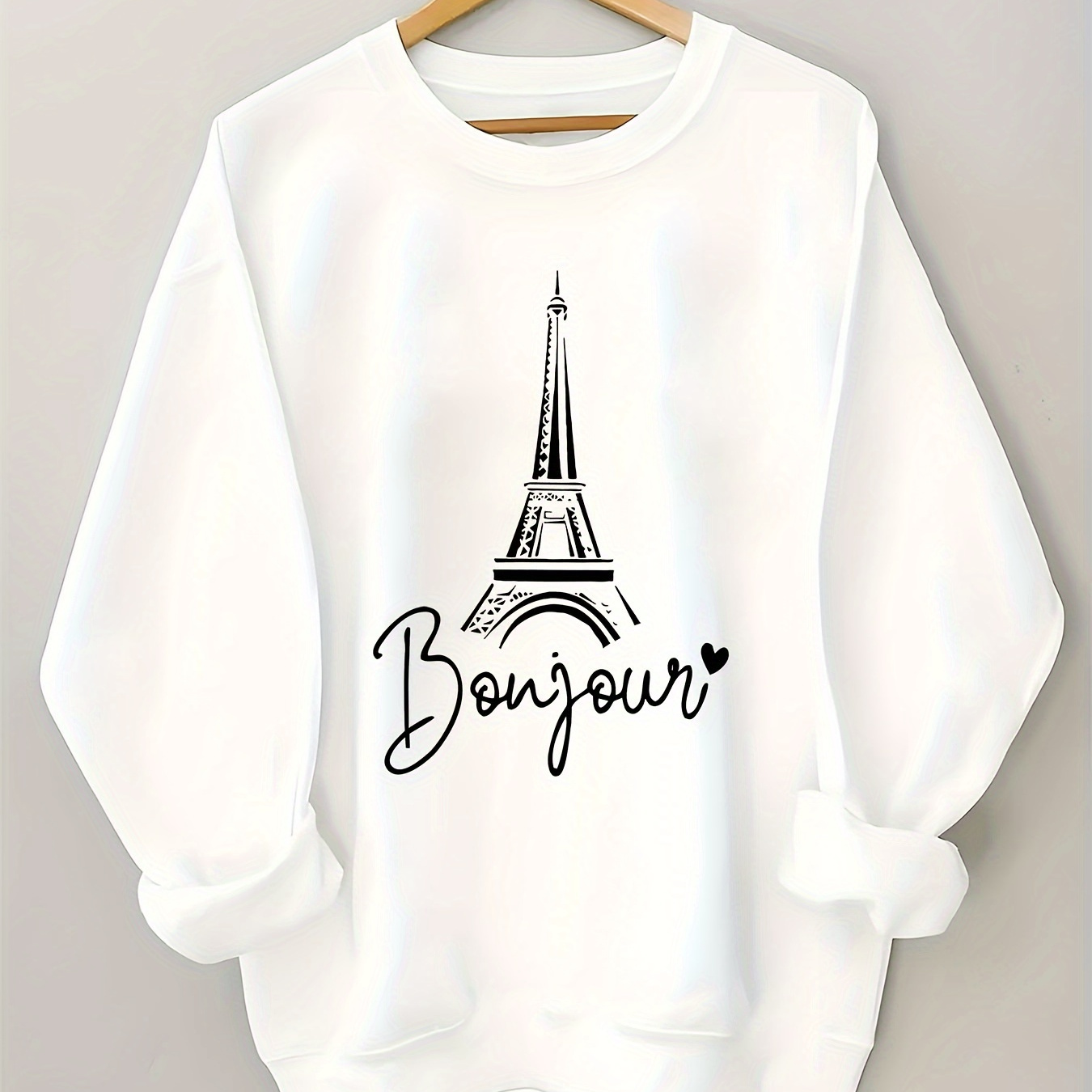 

Women's Paris Print Sweatshirt, 100% Polyester Knit Crew Neck Casual Pullover, Fall/, 250gsm Lightweight Warm Sweatshirt