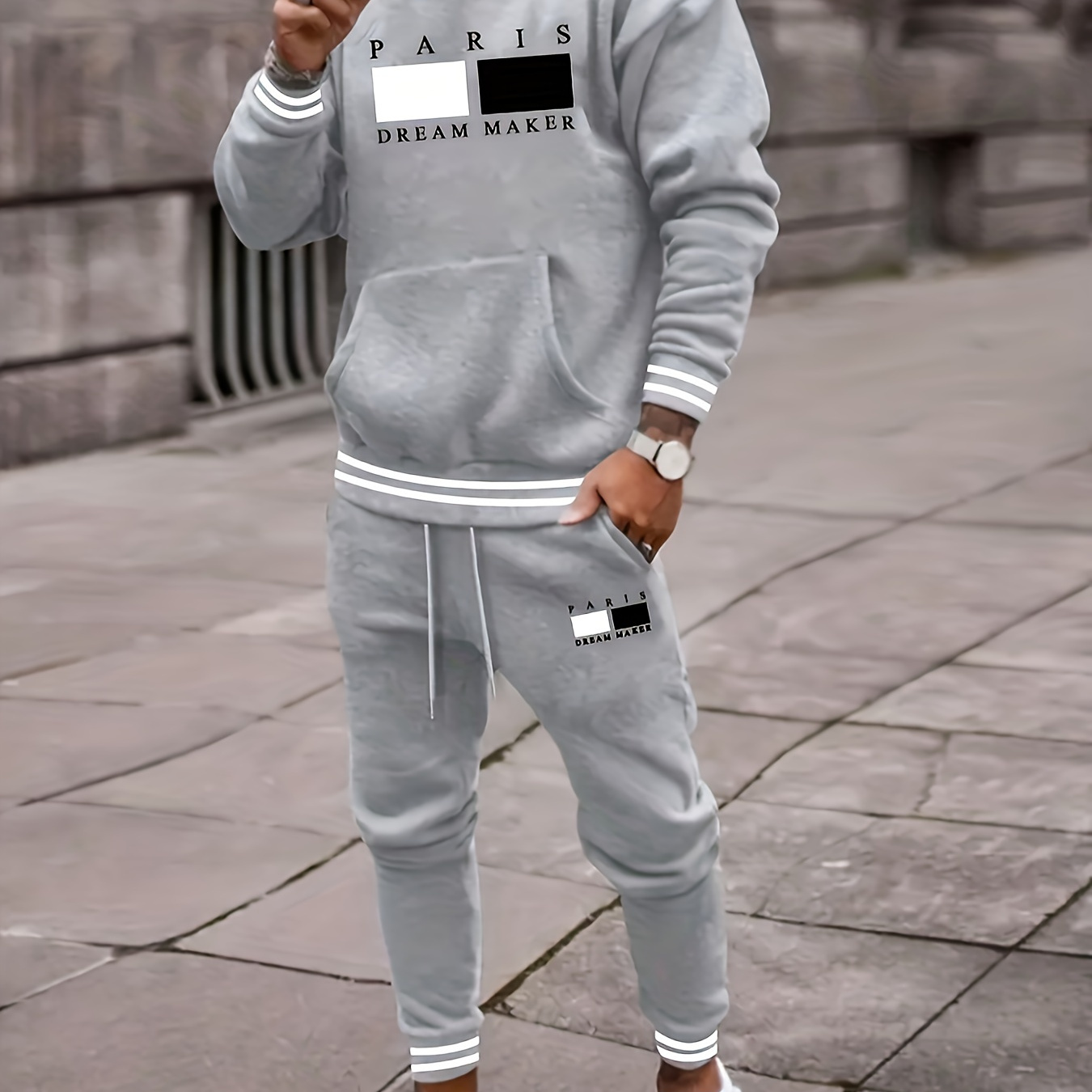 

2pcs New Men's Paris Letter Print Hooded Sweatshirt & Drawstring Waist Sweatpants Set