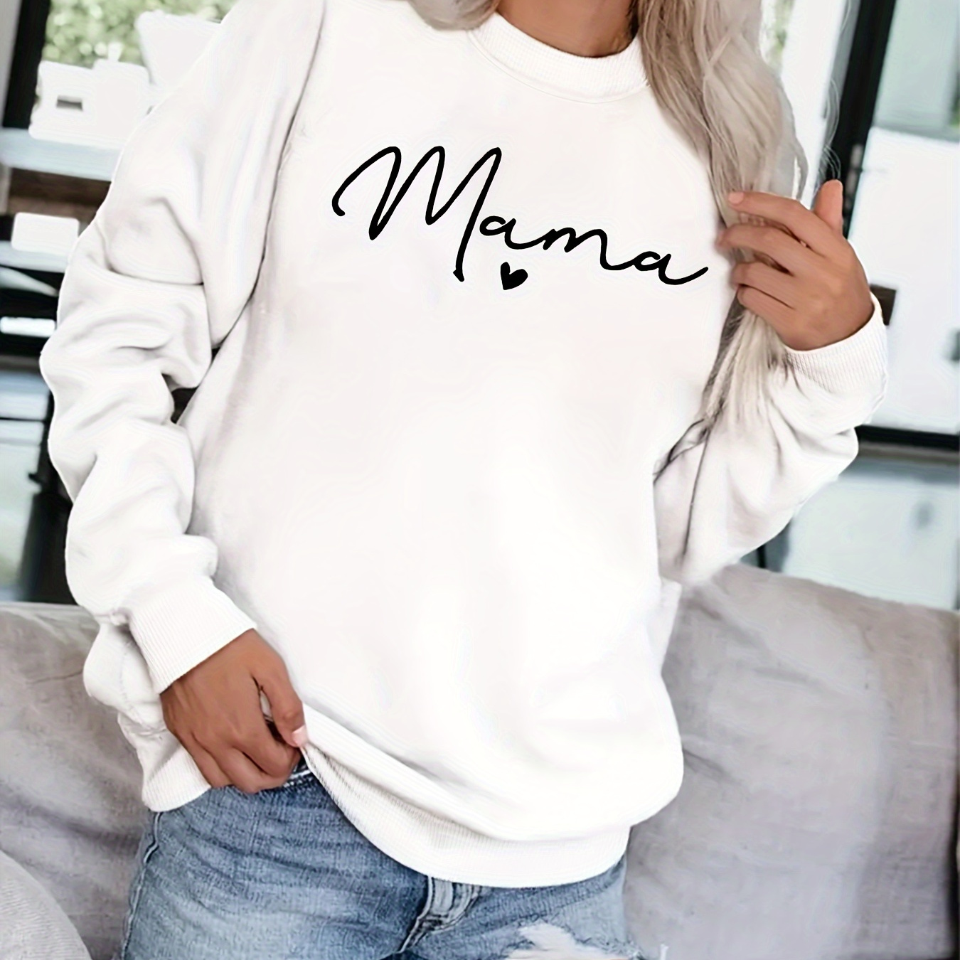 

Mama Letter Print Sweatshirt, Casual Crew Neck Long Sleeve Sweatshirt, Women's Clothing