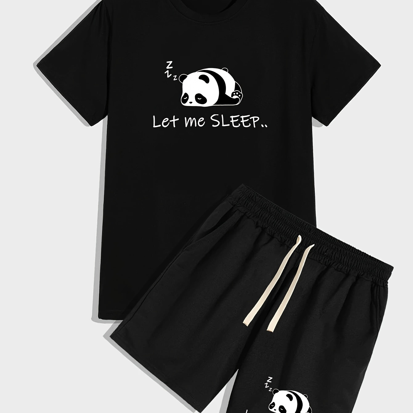 

Letter Cute Panda Pattern Print, Men's 2 Pieces Outfits, Crew Neck Short Sleeve T-shirt & Drawstring Shorts Co Ord Set For Summer, Outdoor Sports