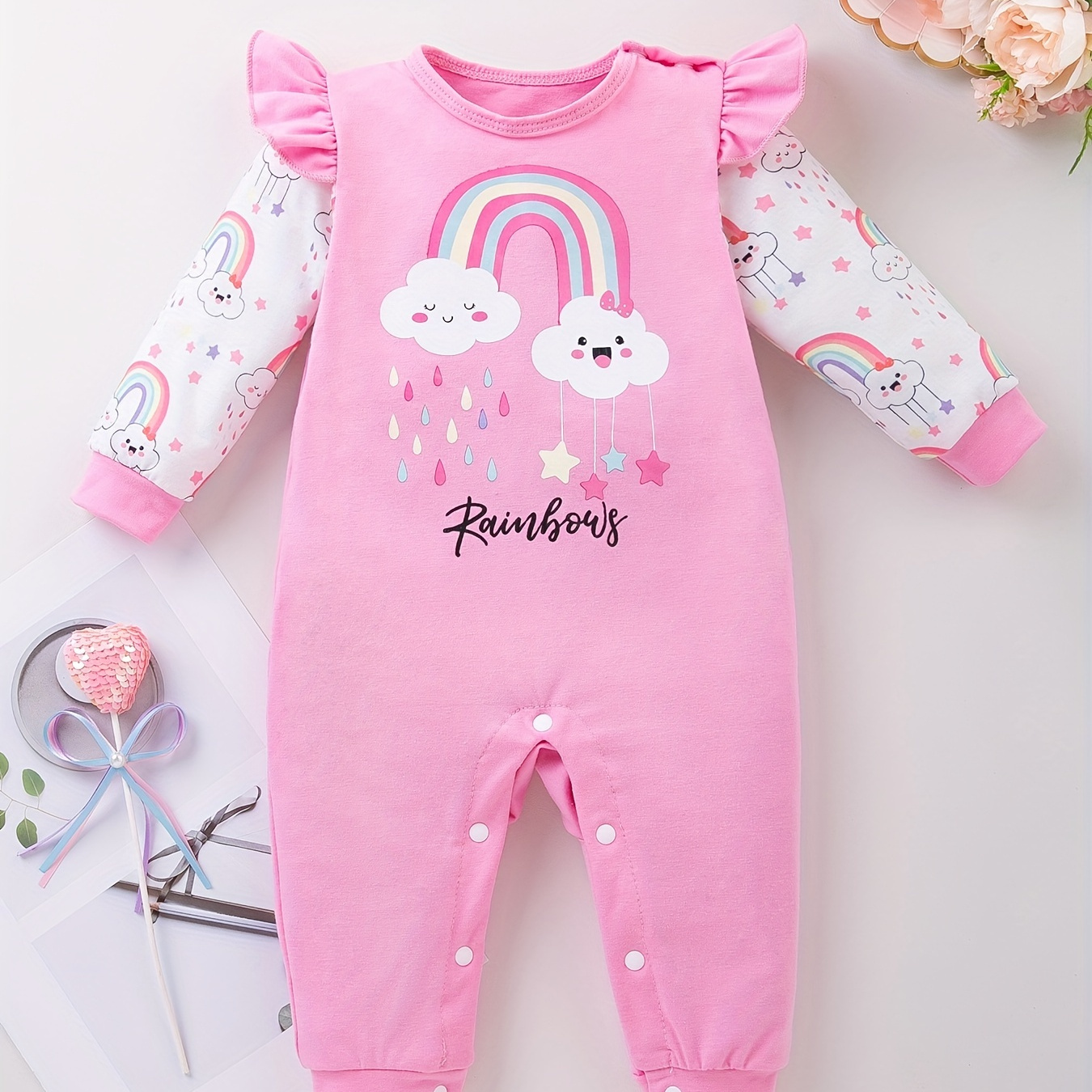 

Combinaison en coton à manches longues à volants pour bébé fille avec impression arc-en-ciel Vêtements pour bébé