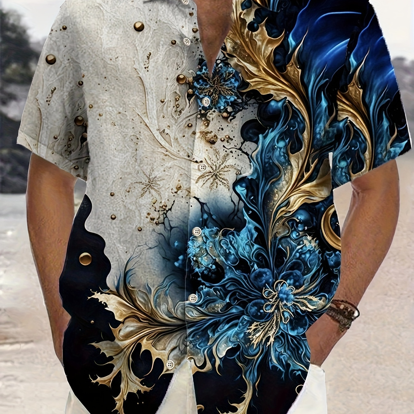 

Plus Size Men's Floral Print Shirt, Casual Lapel Button Up Short Sleeve Shirt For Outdoor Activities