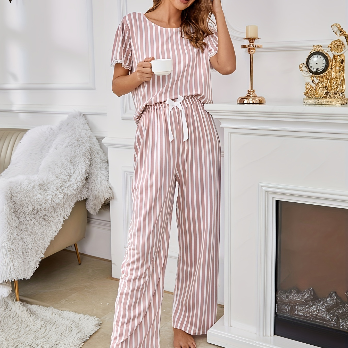 

Women's Stripe Print Casual Pajama Set, Lace Trim Short Sleeve Round Neck Top & Pants, Comfortable Relaxed Fit