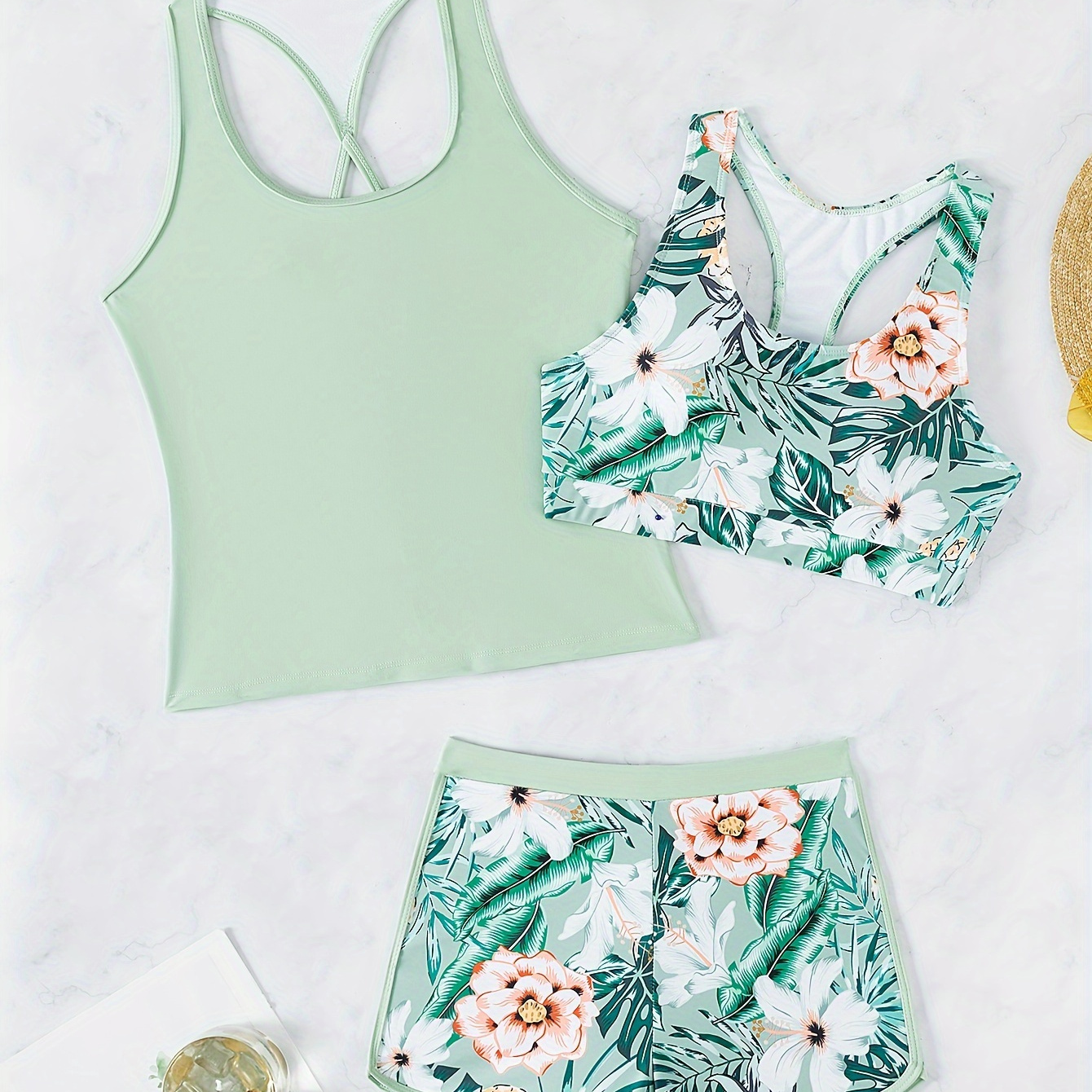 

Tropical Print 3 Piece Set Tankini, Round Neck Crop Top & Boxer Short Bottom & Cover Up Top Swimsuits, Women's Swimwear & Clothing