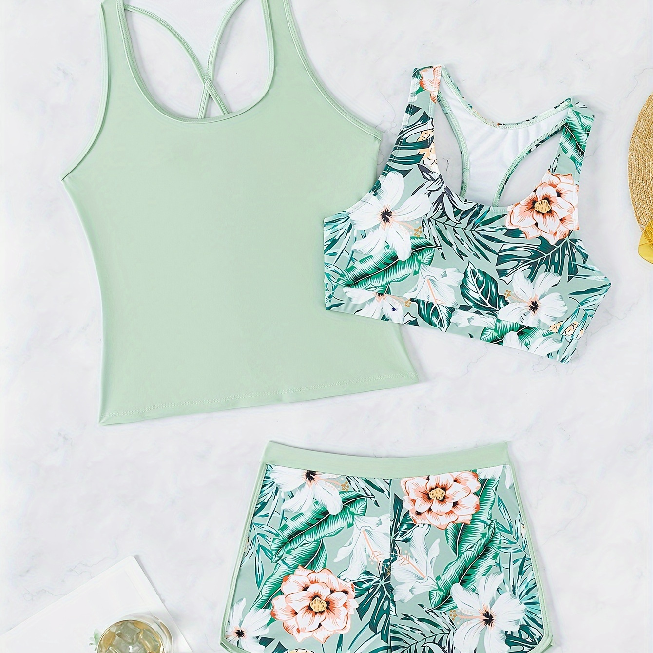 

Ensemble 3 Pièces Imprimé Tropical : Tankini, Haut Court À Col Rond Et Bas De Short Boxer, Avec Un Haut De Maillot De Bain, Vêtements De Plage Pour Femmes