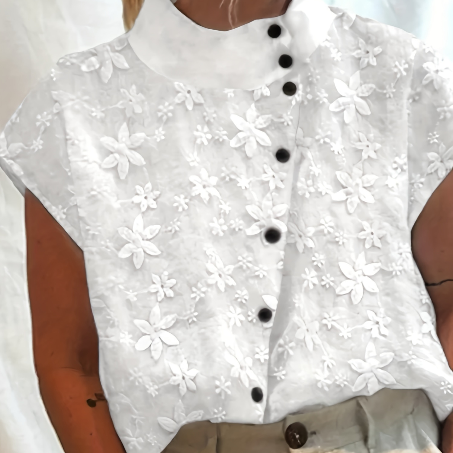 

Plus Size Casual Top, Women's Plus Solid Embroidery Button Up Short Sleeve Mock Neck Top