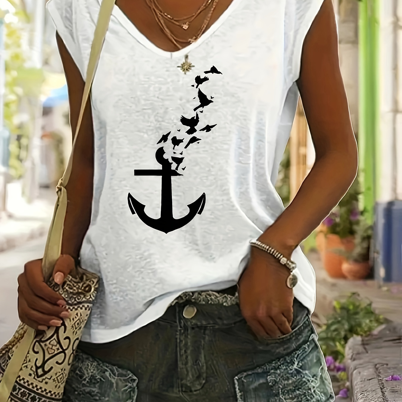 

Anchor Print V Neck T-shirt, Short Sleeve Casual Top For Spring & Summer, Women's Clothing