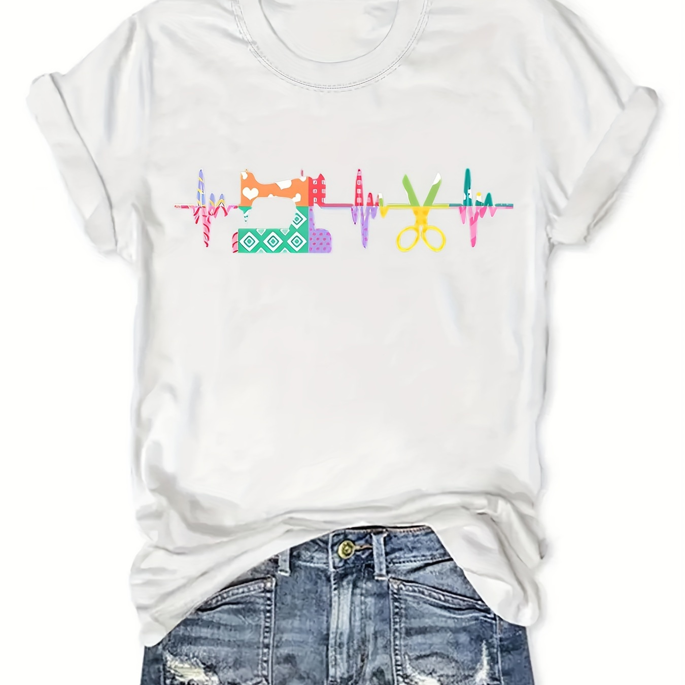 

Sewing Machine Print T-shirt, Short Sleeve Crew Neck Casual Top For Summer & Spring, Women's Clothing