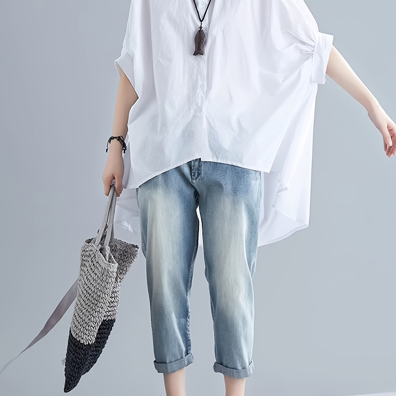 

High Low Hem Batwing Sleeve Shirt, Casual Button Front Solid Shirt For Spring & Summer, Women's Clothing