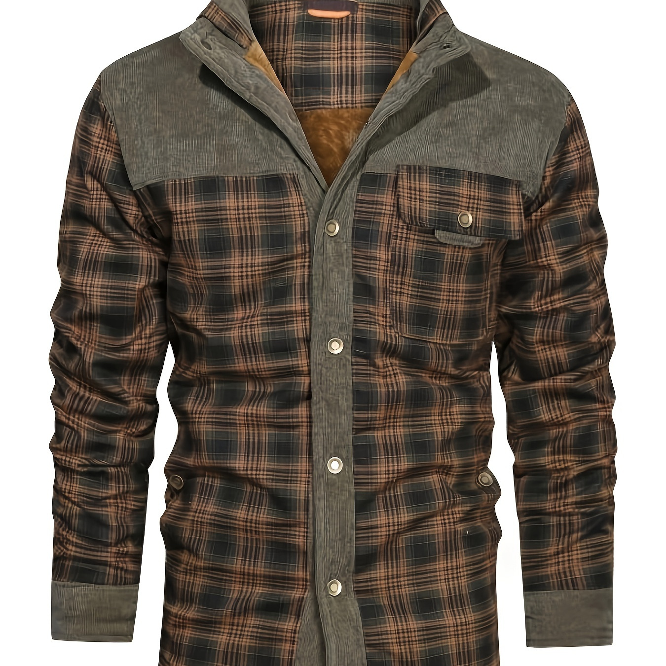 

Men's Cozy Fleece-lined - Casual Warm Button-up Shacket With Chest Pocket, Long Sleeves For Fall/winter, Polyester, Brown & Gray