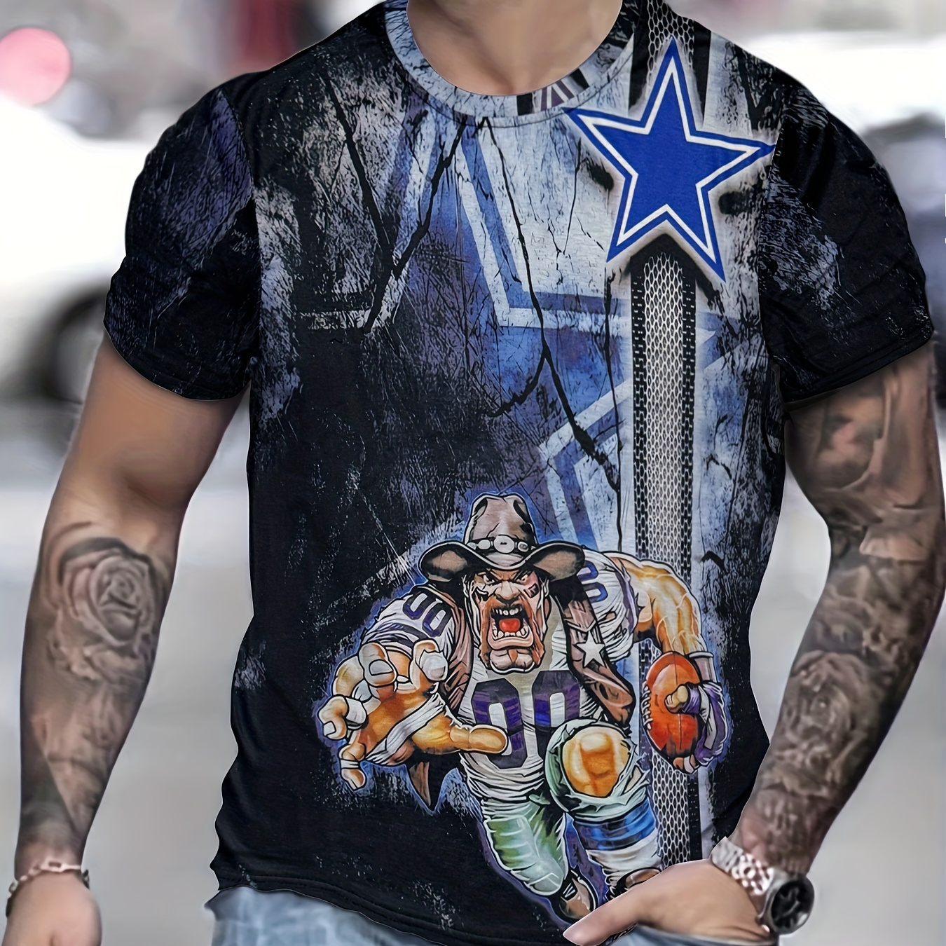 

Men's Casual T-shirt With Cowboy Graphic, 3d Star, High-quality Printed Tee, Rustic Weathered Wall Texture Design, Comfortable Streetwear