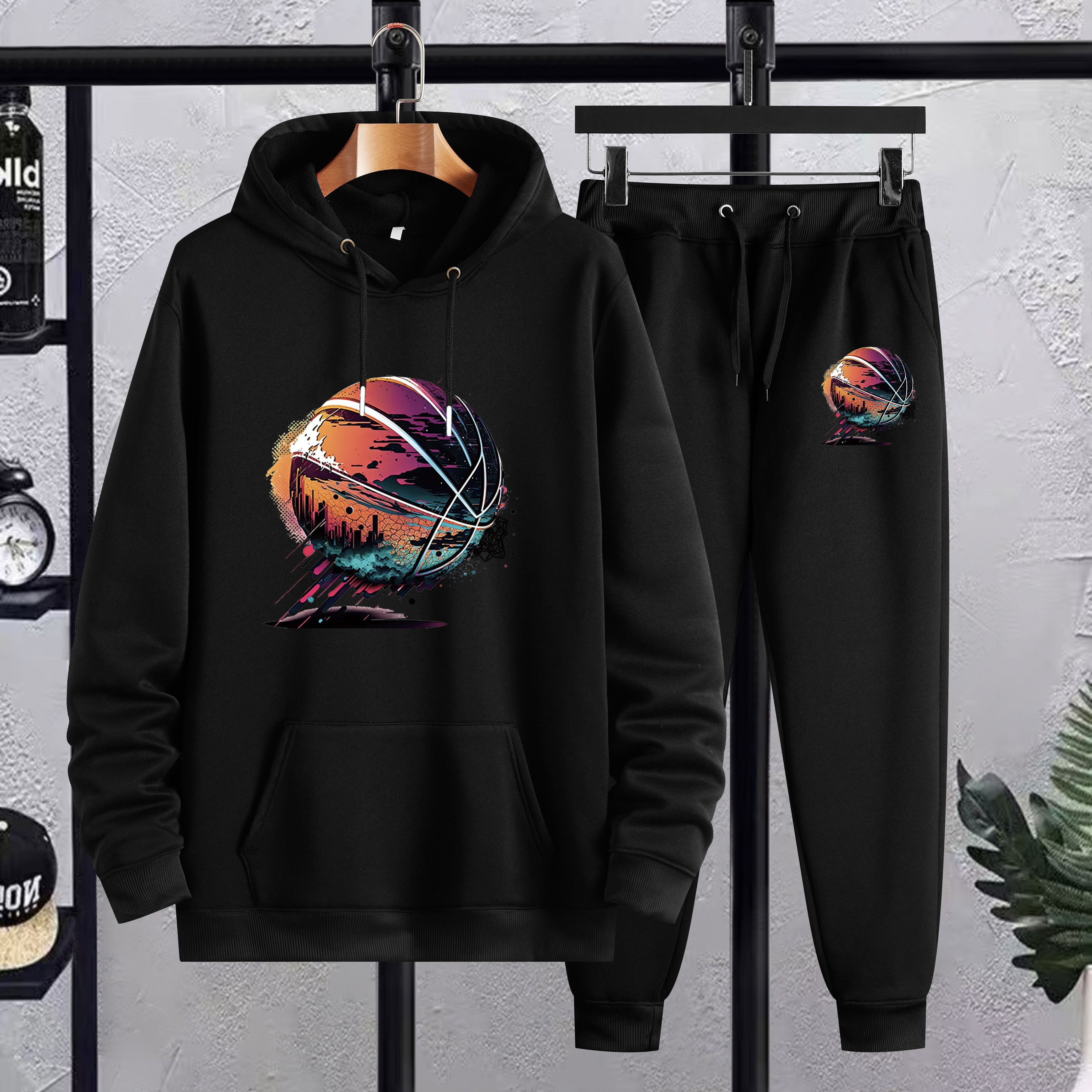 

Plus Size Men's Basketball Print Hooded Sweatshirt & Sweatpants Set For Spring Fall Winter, Men's Clothing