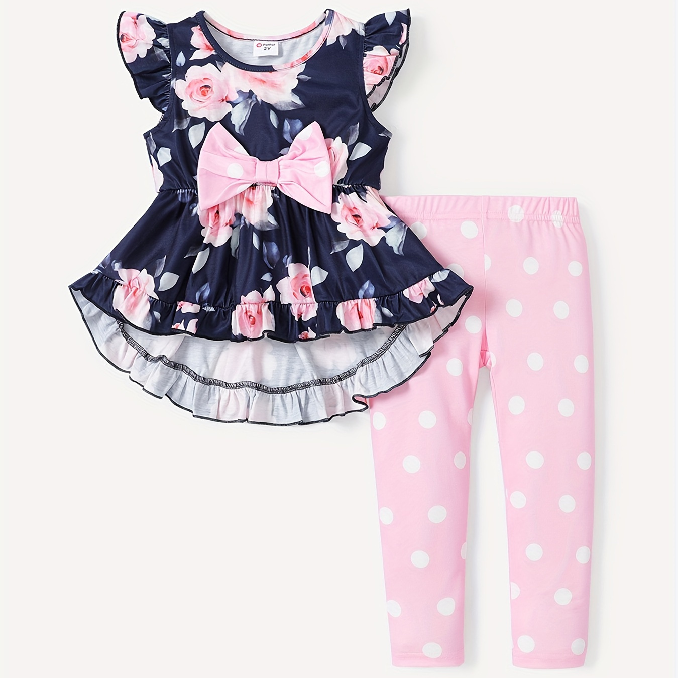 

2pcs Toddler Girl Floral Rose Print Ruffle Hem Flutter-sleeve Top + Polka Dots Print Leggings Pants Set