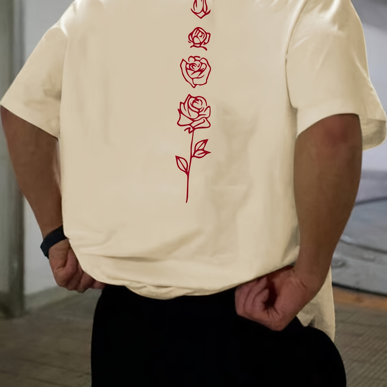 

Men's Rose T-shirt, Crew Neck And Short Sleeve Tee, For Summer