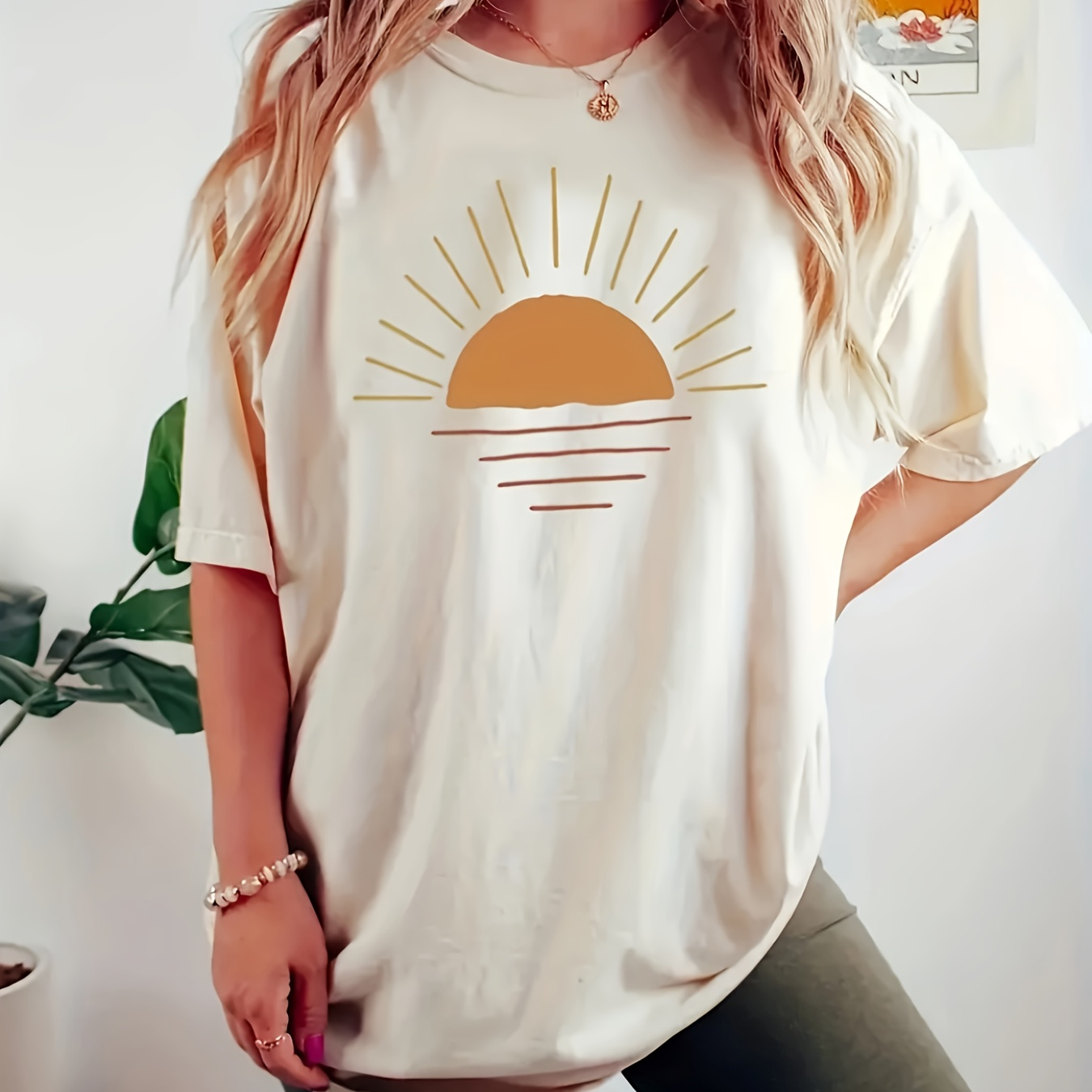 

Sun Neck T-shirt, Casual Short Sleeve For , Women's Clothing