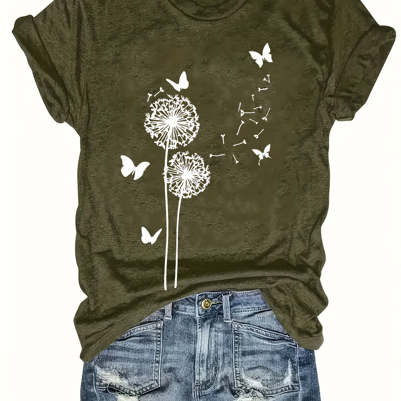 

Plus Size Dandelion & Butterfly Print T-shirt, Casual Short Sleeve Top For Spring & Summer, Women's Plus Size Clothing