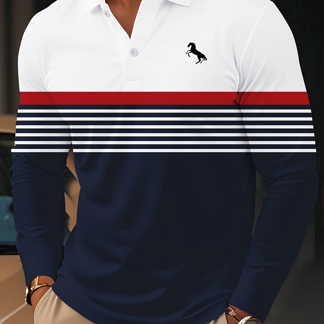 

Men's Casual Long Sleeve Polo Shirt - Fall Striped Print Golf Shirt, 100% Polyester Knit Fabric With Stretch, Regular Fit Lapel Collar, Button Detail - High-quality Home & Outdoor Wear