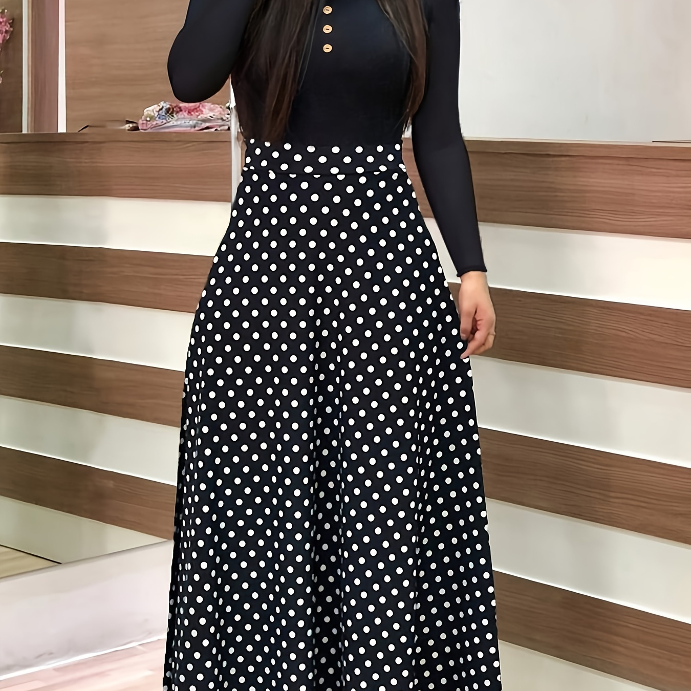 

Polka Dot Neck Dress, Elegant Long Sleeve Button Decor A-line Maxi Dress For Spring & Fall, Women's Clothing