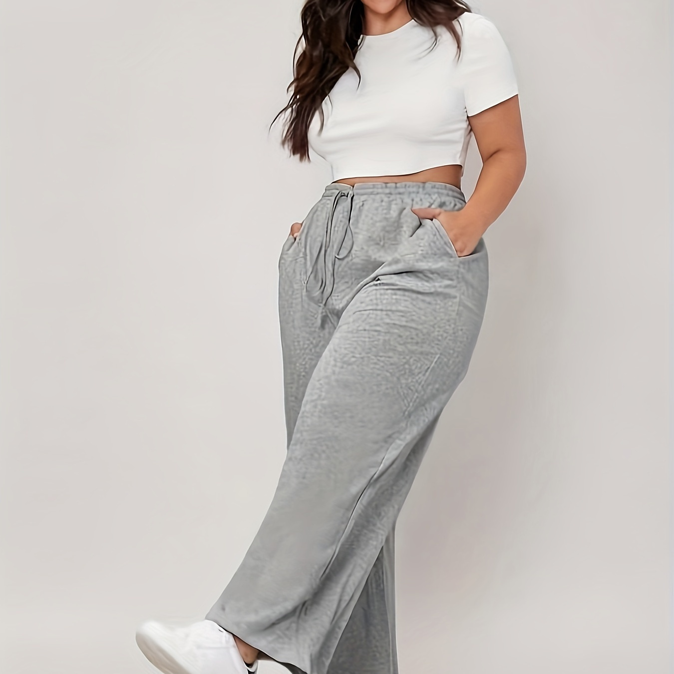 

Plus Size Solid Pocket Wide Leg Pants, Casual Elastic Waist Pants For Spring & Summer, Women's Plus Size Clothing