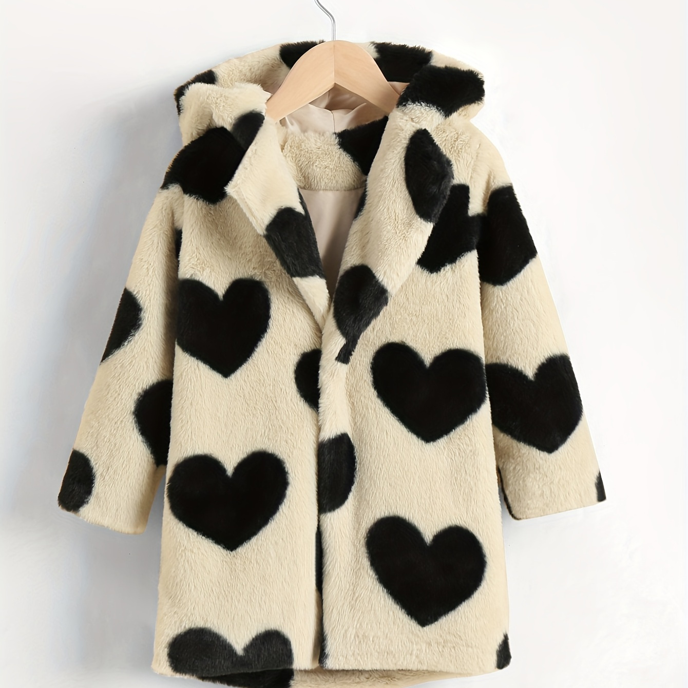 

Girls Fleece Warm Hearts Full Print Open Front Hooded Cardigan Teddy Coat For Fall/ Winter, Kids Clothes