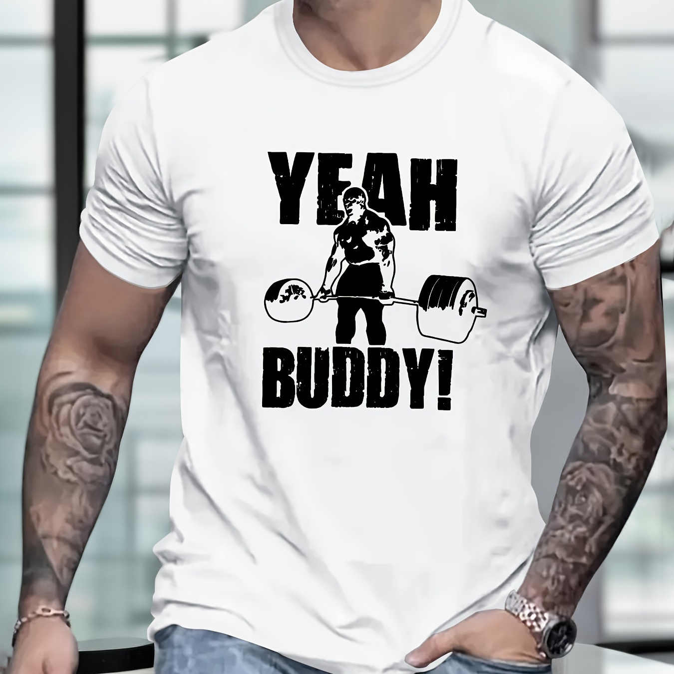

Yeah Buddy!" Creative Print Casual Short-sleeved T-shirt For Men, Spring And Summer Trendy Top, Comfortable Round Neck Tee, Regular Fit, Versatile Fashion For Everyday Wear