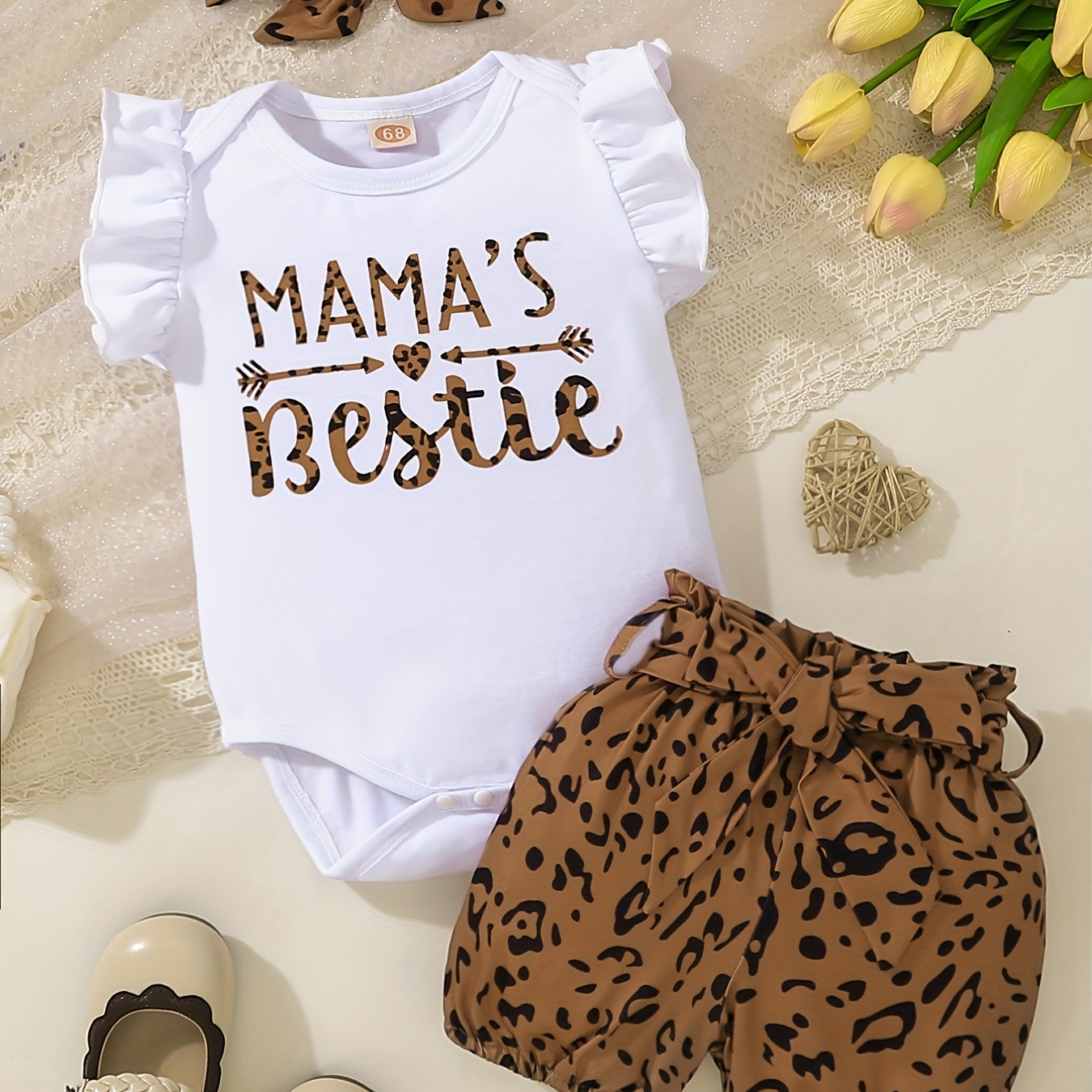 3pcs Baby Girls Casual "Mama's Bestie" Fly Sleeve Onesie & Leopard Belted Shorts & Headband Set Clothes