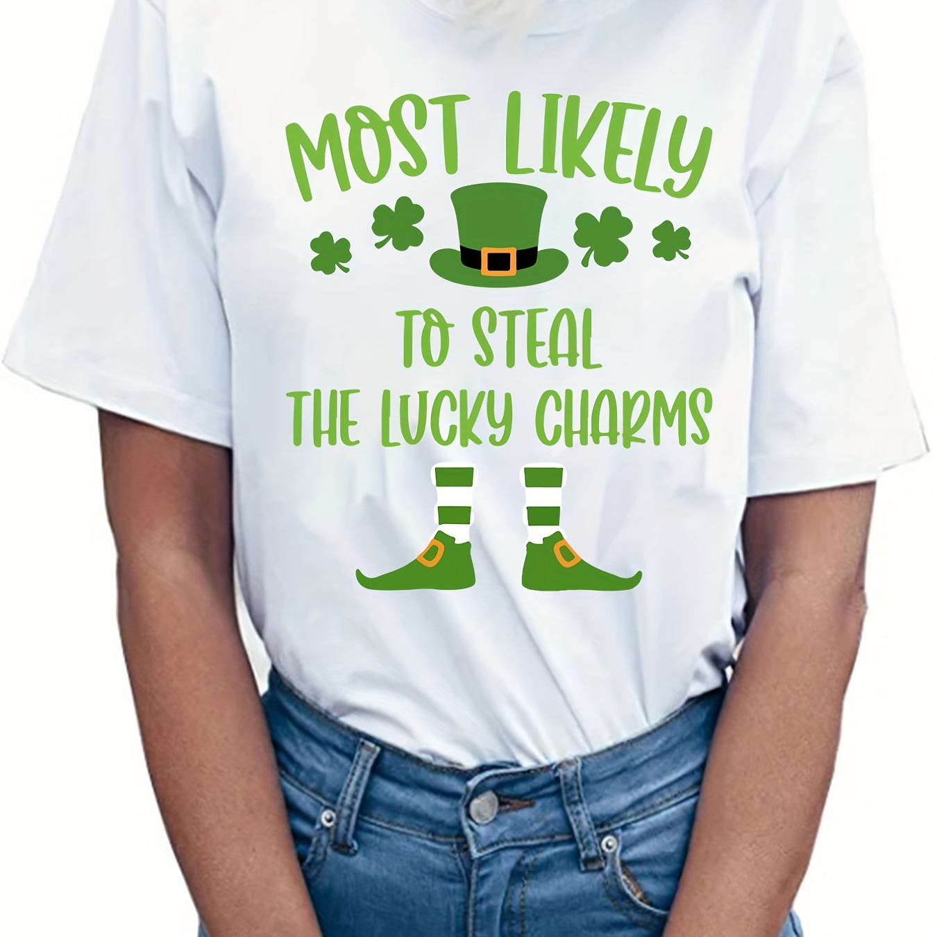 

Plus Size Patrick's Day Casual T-shirt, Women's Plus Cute Graphic Print Short Sleeve Round Neck Medium Stretch T-shirt