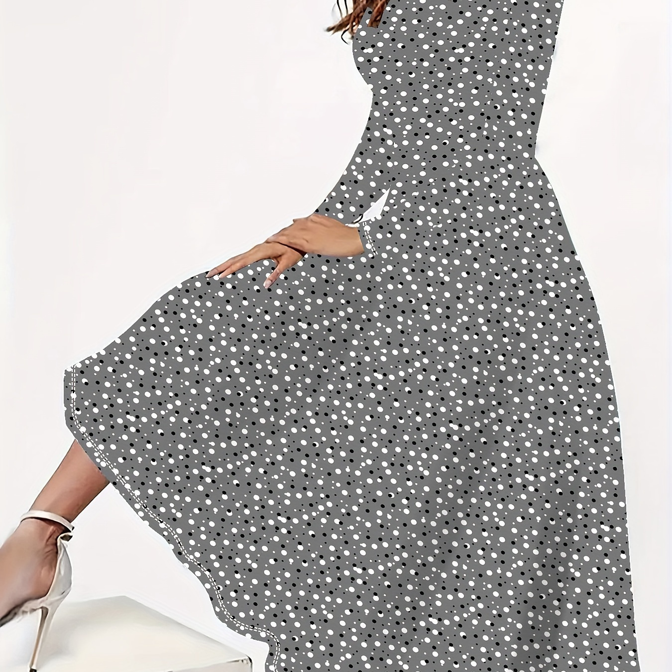 

[] Plus Size Elegant Floral Print Long Dress - Vacation-style, Long Sleeve, Round Neck, Stretchy Polyester , Machine Washable, Spring & Fall, Women' In Grey With White Flowers, Plus Size Elegant Dress