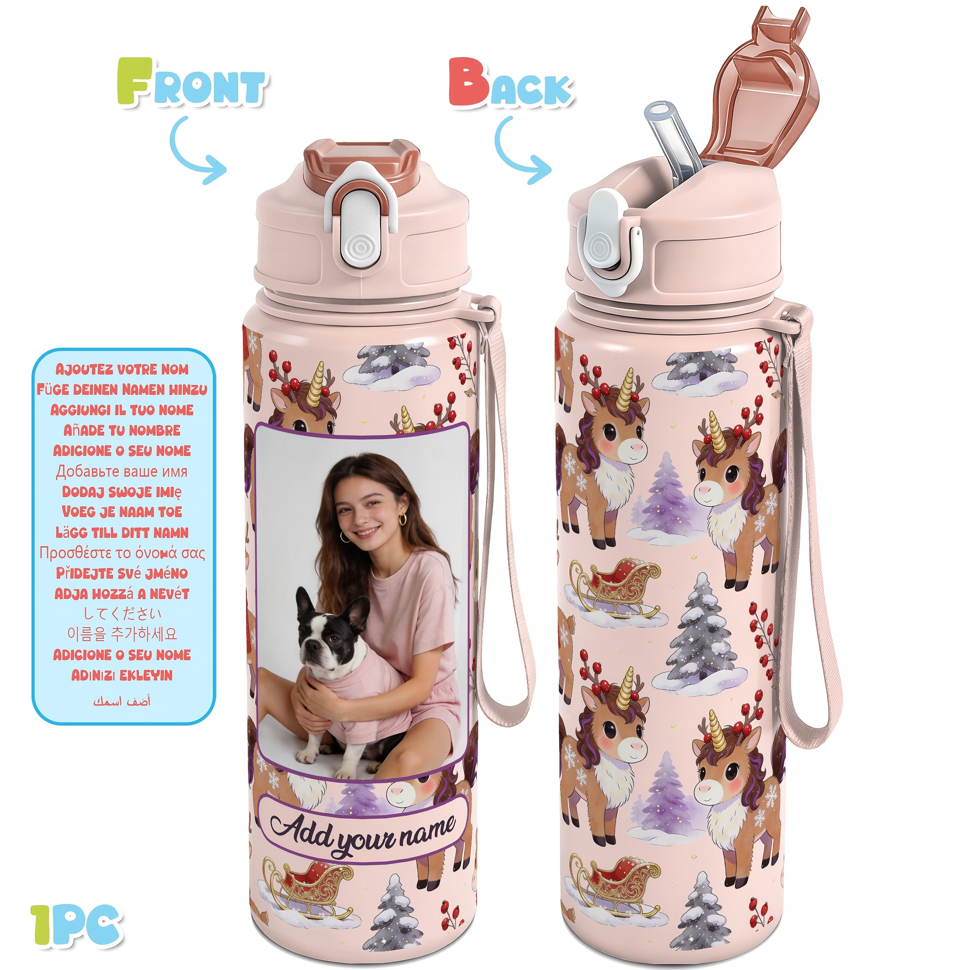 TEMU Bouteille d'eau personnalisée 1 pièce avec photo/nom, 25 oz, bouteille en plastique étanche personnalisée avec votre photo et , convient pour de