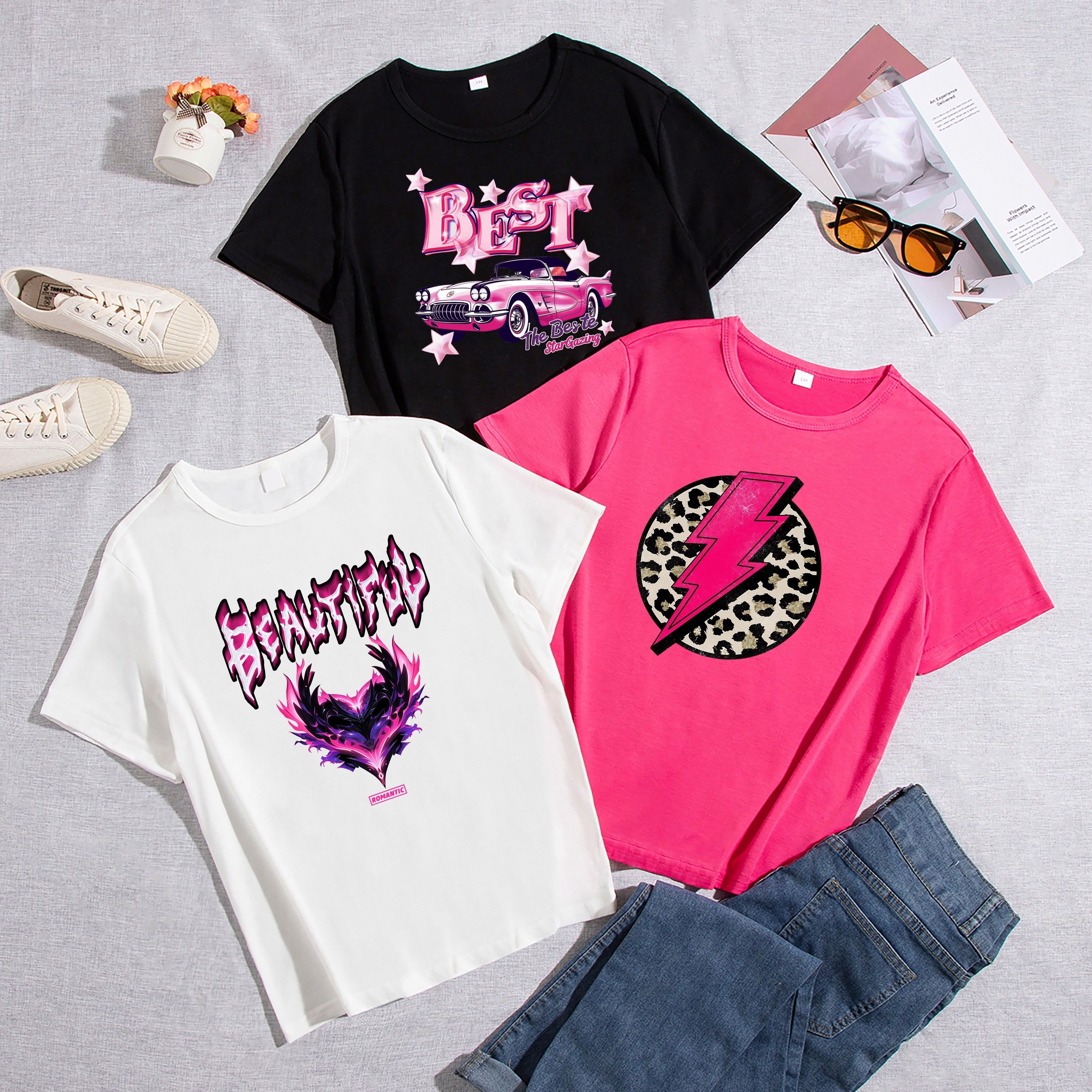 

Girls' 3pcs Summer T-shirts - Soft & Stretchy, Casual Crew Neck With Fun Graphic Prints, Machine Washable