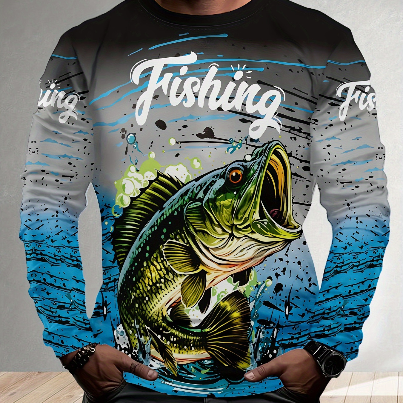 

Men's Long Sleeve T-shirt With 3d Fish Print - Sun Protection, Casual & Sporty, Fishing & Hiking, Cool Pattern, Sunscreen