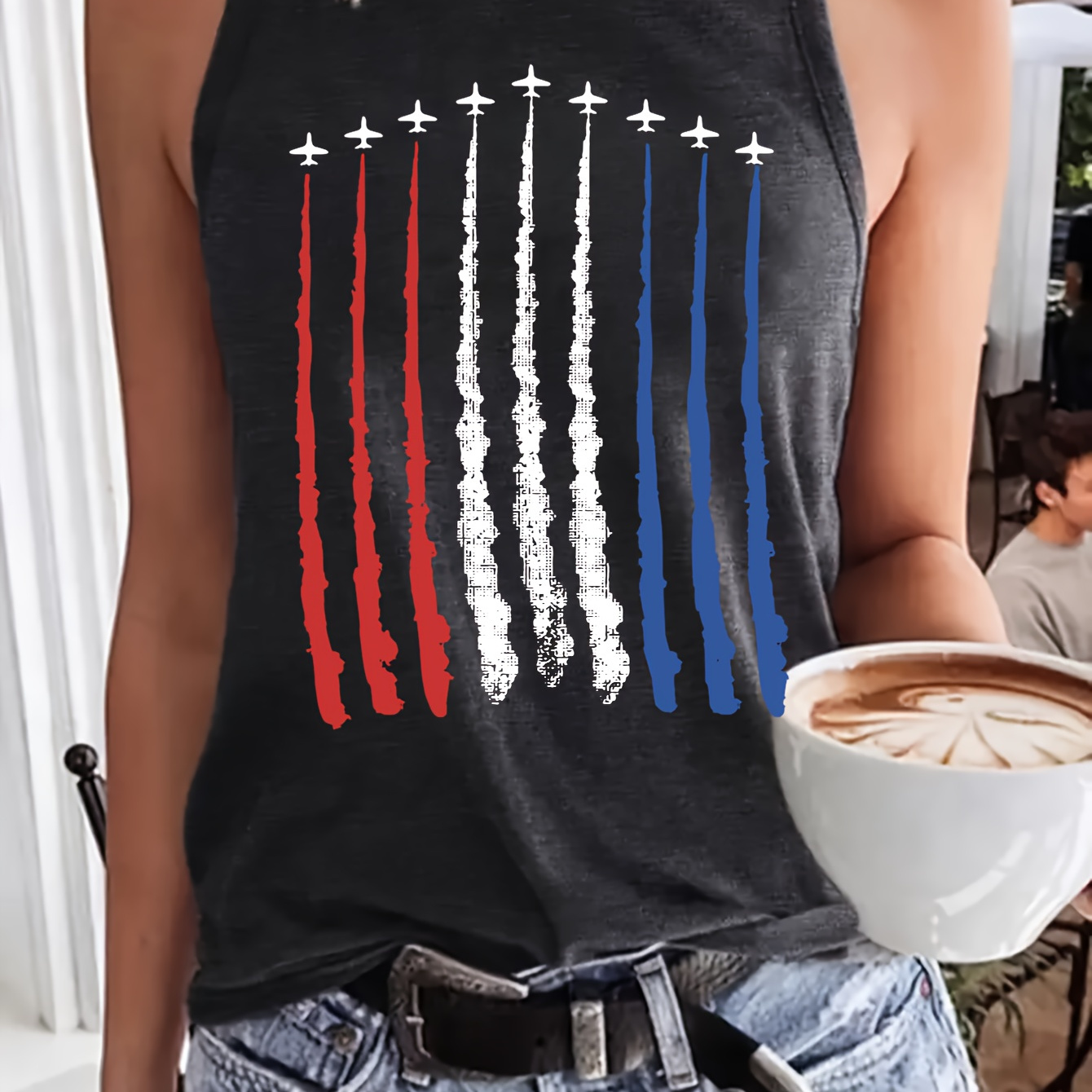 

1 Row Airplane Print Crew Neck Tank Top, Sleeveless Casual Top For Summer & Spring, Women's Clothing