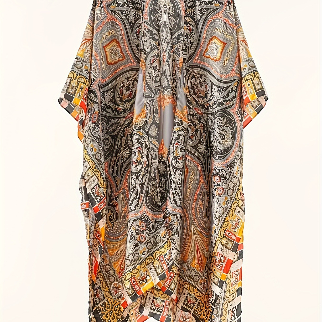 

Plus Size Open Front Allover Print Top, Casual Batwing Sleeve Beach Cover Up Top For Summer, Women's Plus Size Clothing