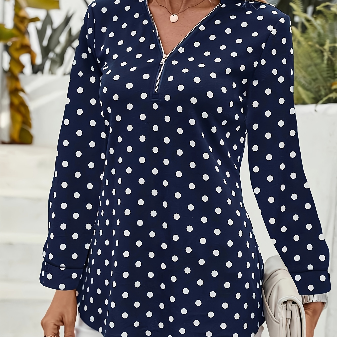 

Blouse à pour Femmes avec Fermeture Éclair et Col en V - Manches Longues Décontractées, Lavable en Machine, Grande Taille, Imprimée