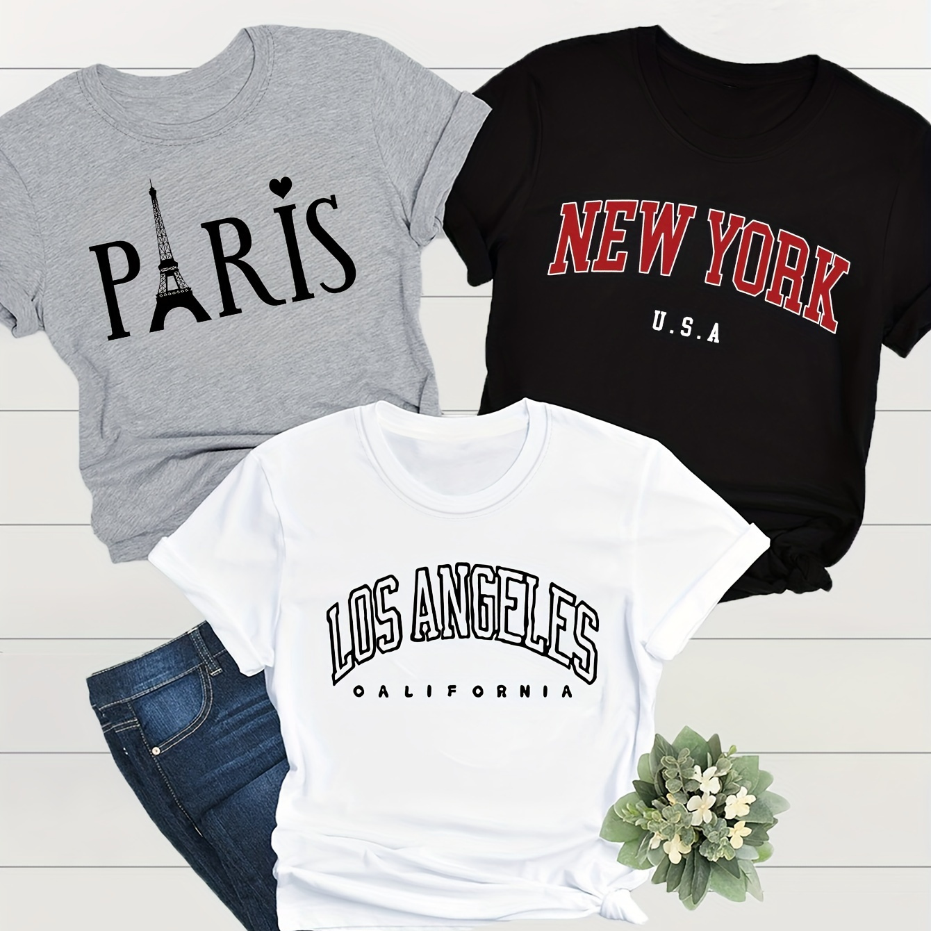 

3 Pack Eiffel Tower Print Crew Neck T-shirt, Casual Short Sleeve T-shirt For Spring & Summer, Women's Clothing