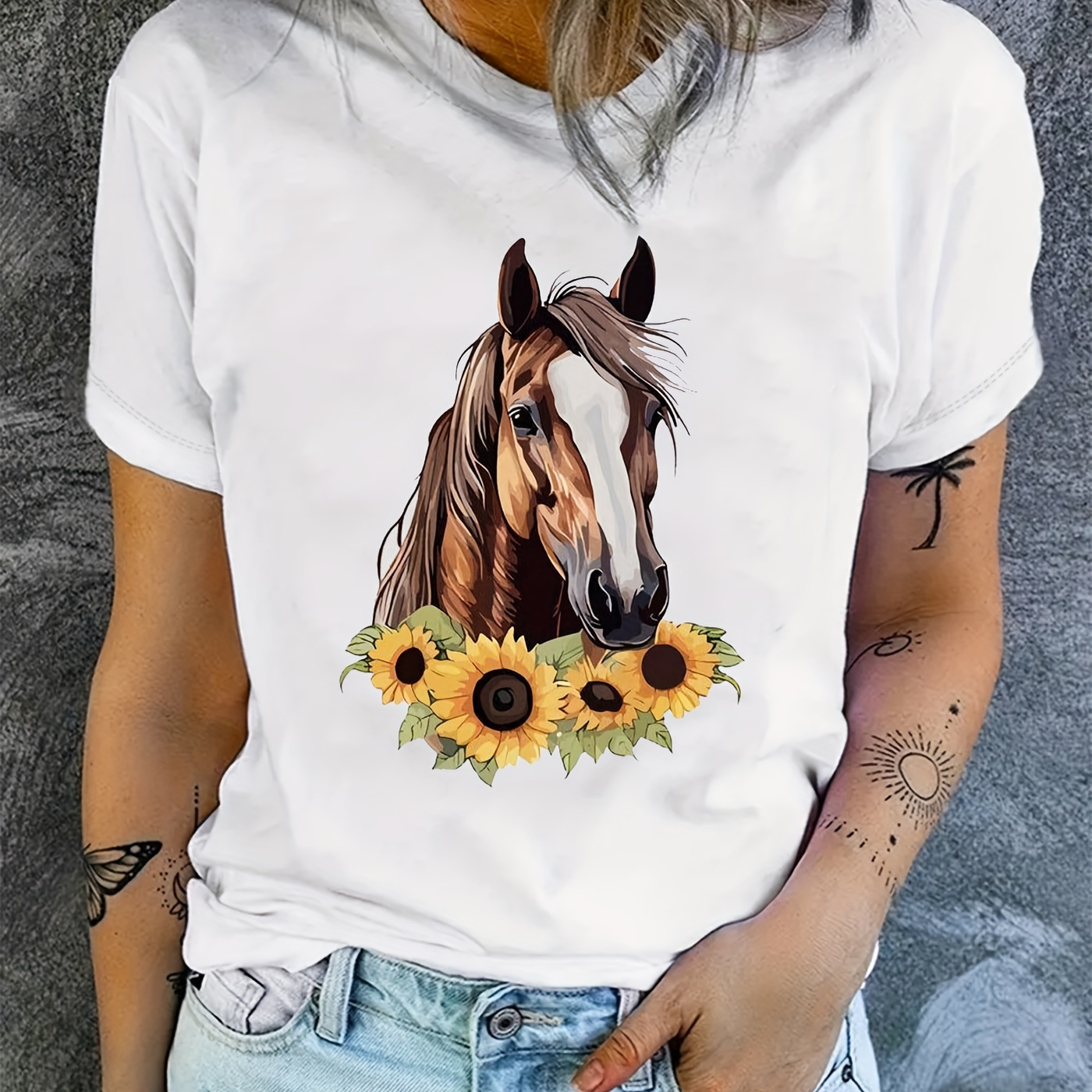 

Sunflower & Horse Print Summer T-shirt, Casual Short Sleeve Crew Neck Top, Women's Clothing