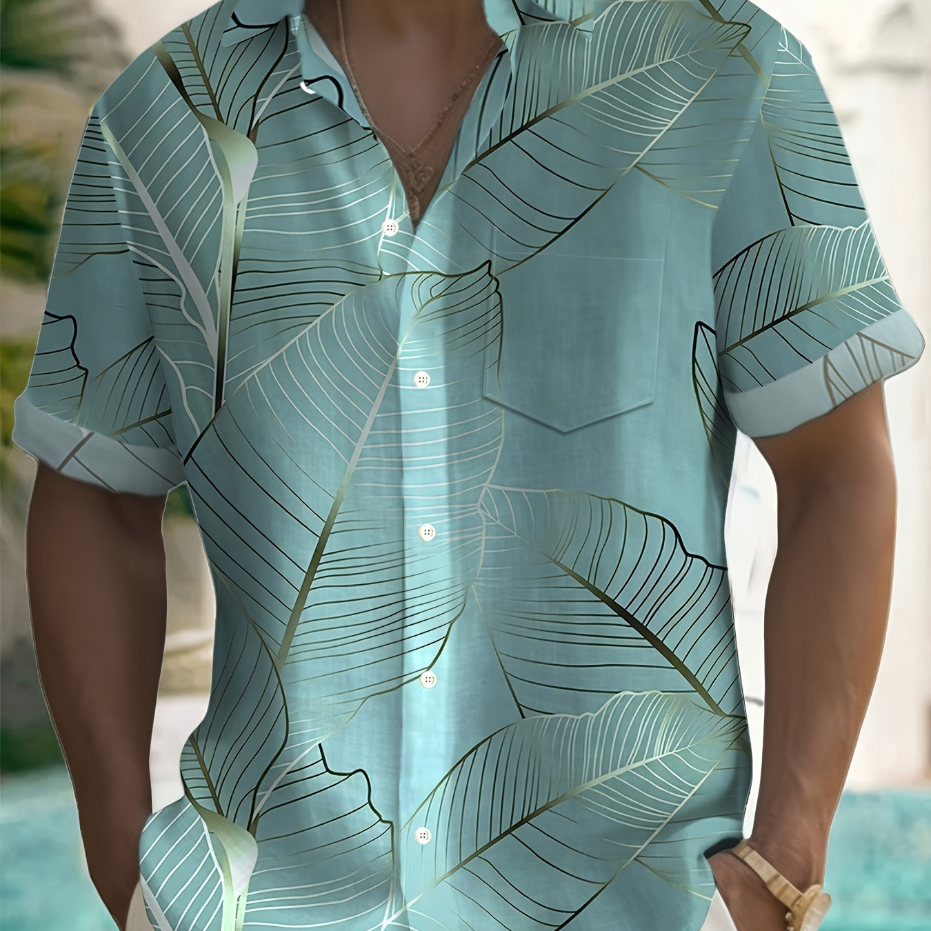 

Plus Size Men's Tropical Leaf Graphic Print Shirt For Summer, Trendy Casual Short Sleeve Shirt, Hawaiian Style Holiday Tops