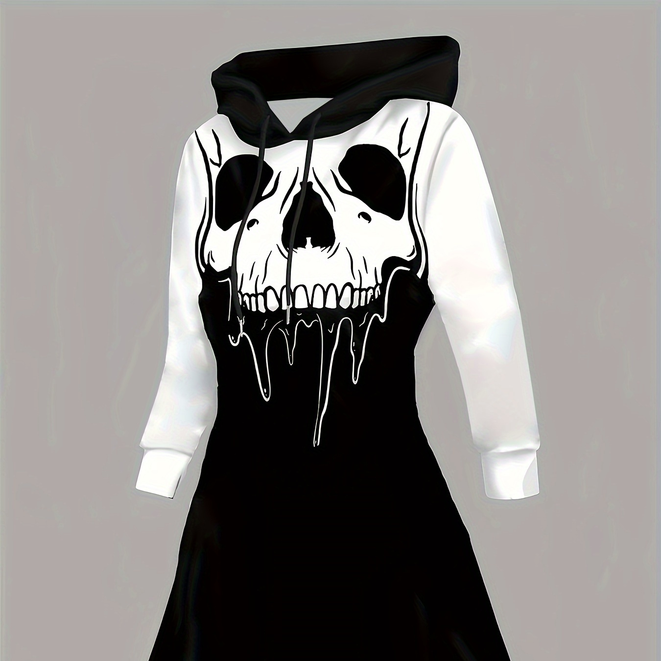 

Vintage-style Hooded Dress With Skull Print - Polyester Knit Fabric With Spandex, A-line Themed Dress For Women, Fall/