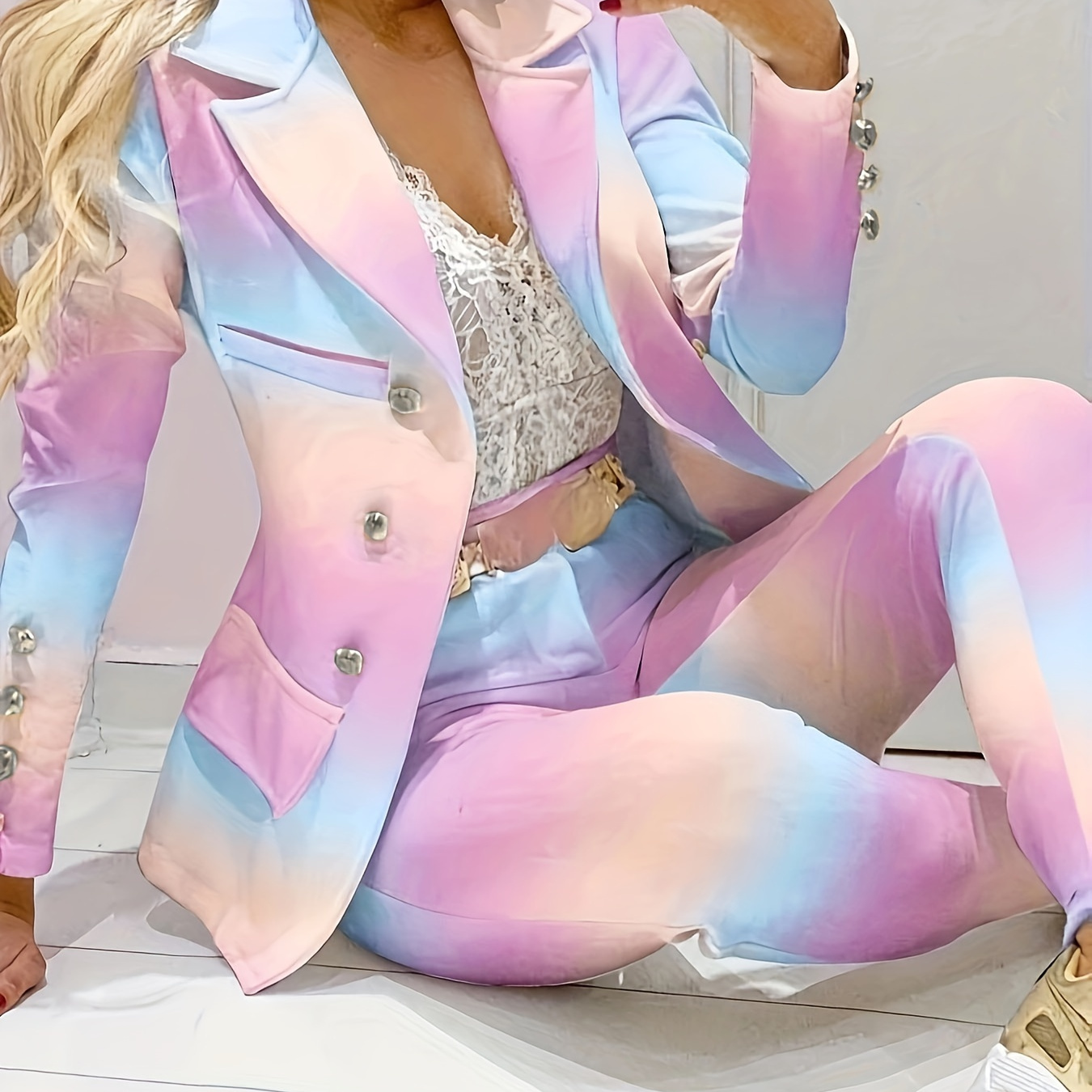 

Gradient Two-piece Suit Set, Elegant Double Breasted Lazer & Straight Leg Pants Outfits, Women's Clothing