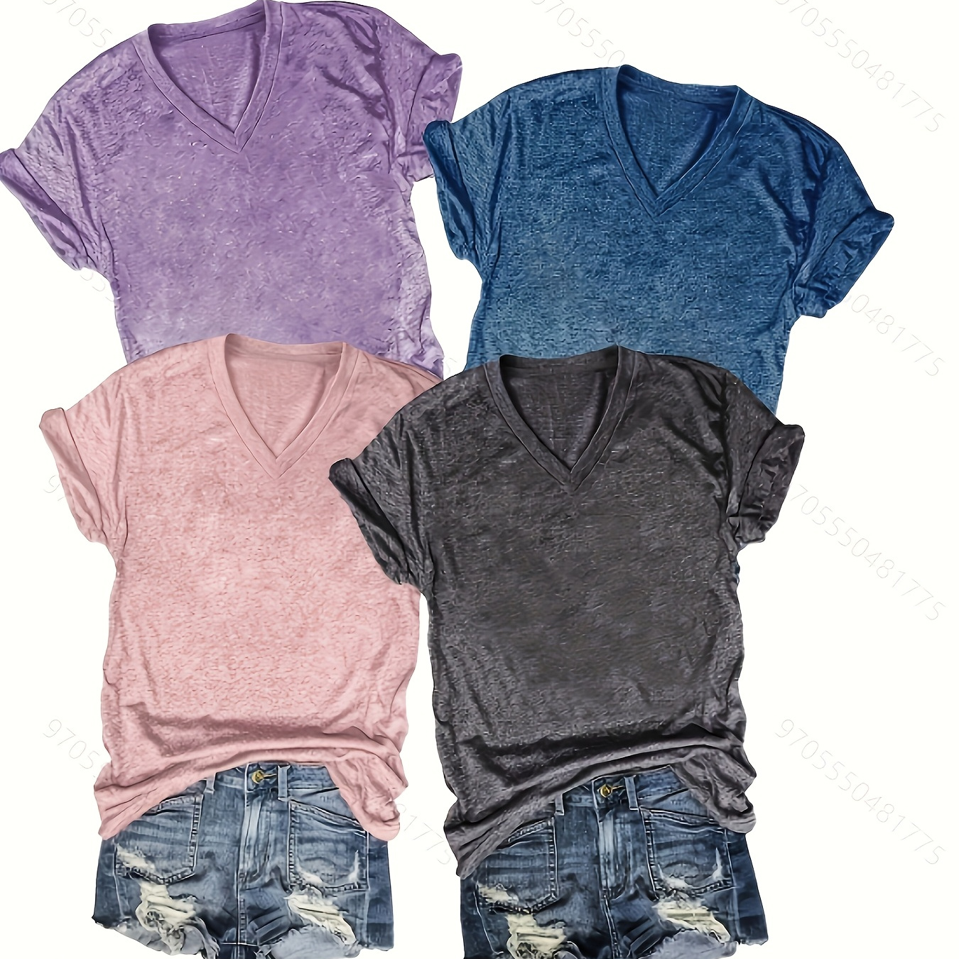 

4-pack Women' Color V-neck T-shirts, Casual Short Sleeve Summer Tops, Polyester 60%, Rayon 35%, Spandex 5%, Knit Fabric, 180g/m² - Purple, Blue, Pink, Black