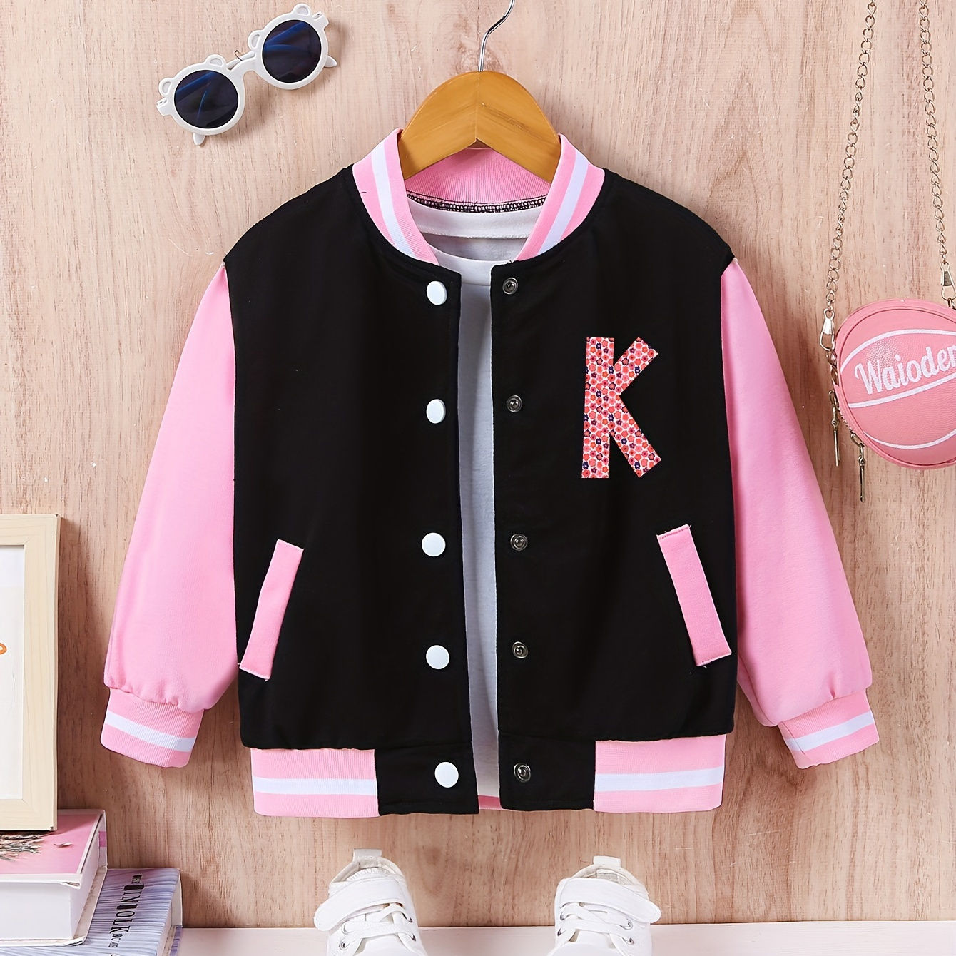 

Girl's Trendy 'k' Alphabet Print Varsity Jacket, Color Block Snap Button Casual Active Jackets For Girls Spring/ Fall
